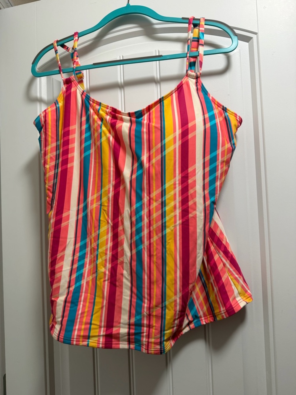 Striped Multicolor Spaghetti Strap Tankini - Pink/Yellow/Blue